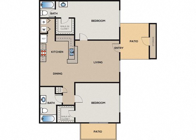 Floor plan for 2 beds, 2 baths, 1040 sqft